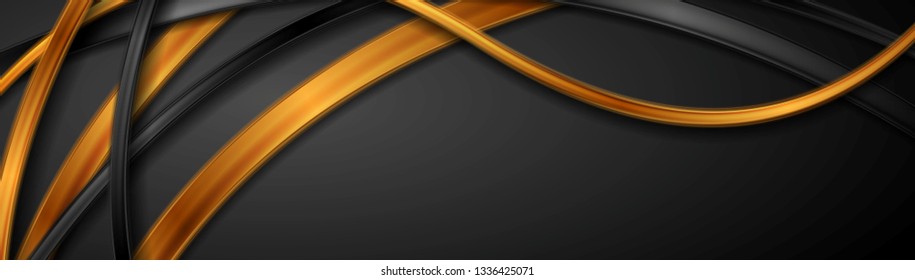 Black and golden glossy waves abstract banner design. Vector background