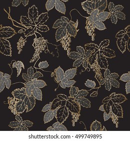 Black and golden grapevine seamless pattern based on hand drawn sketch. Great for wineries, grocery stores, aromatherapy, wine label design.