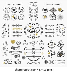 Black and golden hand drawn cute design elements set on white background