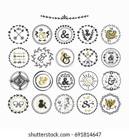 Black and golden hand drawn cute circle ampersands emblems set on white background
