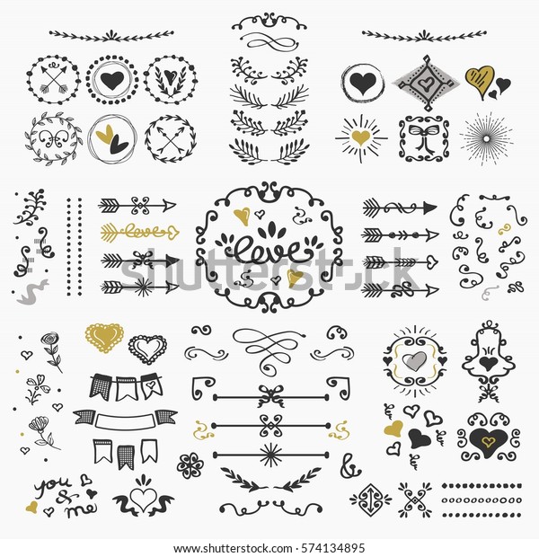 Black and golden hand drawn cute design\
elements set on white\
background