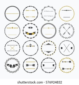 Black And Golden Hand Drawn Empty Circle Border Emblem Design Elements Set On White Background