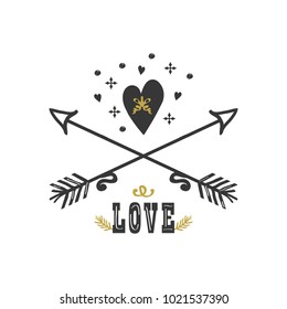 Black and golden hand drawn love, heart and crossed arrows icons on white background