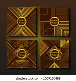 Black and golden label or frame set. Art deco style invitation. Gold line elegant geometric branding. High class banner. Luxury vector pattern. Identity trendy linear style product package template