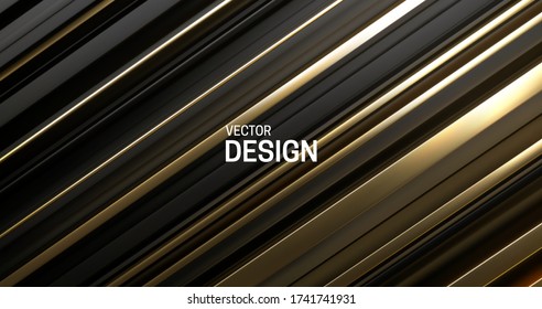 Superficie negra y dorada en capas. Fondo geométrico abstracto. Ilustración vectorial. Patrón de capas aleatorias. Textura a rayas. Decoración futurista y elegante. Cortes diagonales. Diseño de pancarta o portada.