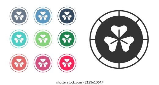 Black Golden leprechaun coin with clover trefoil leaf icon isolated on white background. Happy Saint Patricks day. National Irish holiday. Set icons colorful. Vector