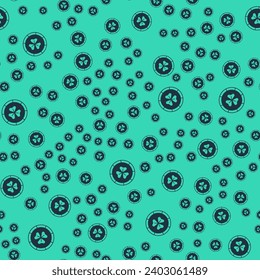 Black Golden leprechaun coin with clover trefoil leaf icon isolated seamless pattern on green background. Happy Saint Patricks day. National Irish holiday.  Vector