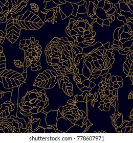 Black and golden linear pattern with blooming roses, peonies and blooming sakura. Seamless vector pattern with Art Deco style floral elements. Print for textile design, packaging, cards, covers.