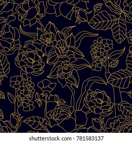 Black and golden linear pattern with blooming roses, peonies and narcissus. Seamless vector pattern with Art Deco style floral elements. Print for textile design, packaging, cards, covers.