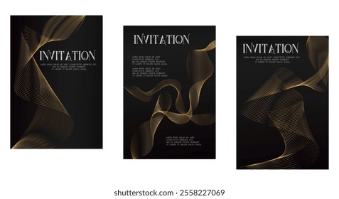 Black Golden Luxury invitation card background set. Organic gold line gradient, Premium elegant design for gala card, grand opening, party invitation, layout, templates.