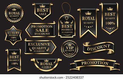 Black golden luxury premium quality label badges on grey background vector illustration.