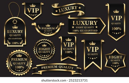 Preto dourado emblemas de etiqueta de qualidade premium na ilustração de vetor de fundo cinza.