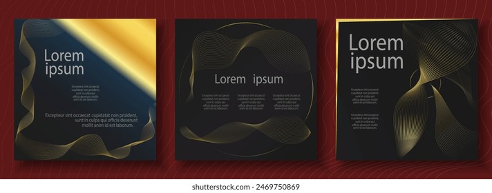 Black Golden Luxury square invitation card background set. Abstract geometric shape, gold line dark background. Premium design for gala card, grand opening, party invitation, layout, templates