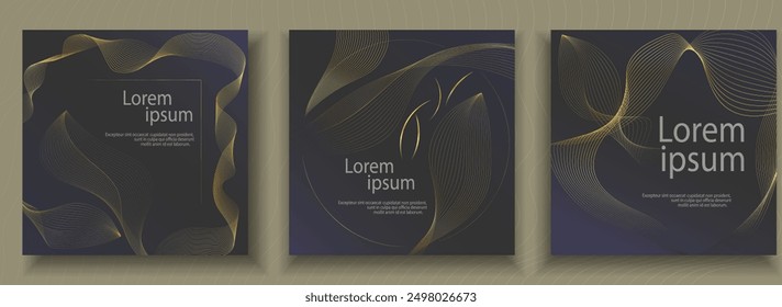 Black Golden Luxury square invitation card background set. Abstract geometric shape, gold line dark background. Premium design for gala card, grand opening, party invitation, layout, templates