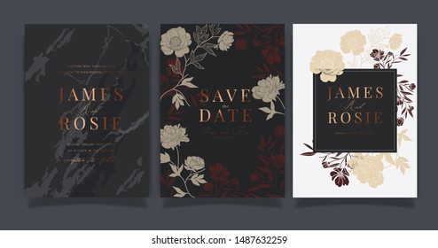 Black and golden Luxury Wedding Invitation, floral invite thank you, rsvp modern card Design in white peony and red flower with  leaf greenery  branches decorative Vector elegant rustic template