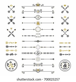 Black and golden modern retro hand drawn arrows and dividers icons set on white background