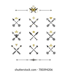 Black and golden modern retro hand drawn tribal crossed arrows icons set on white background
