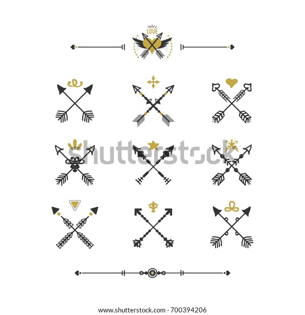 Black and golden modern retro hand\
drawn tribal crossed arrows icons set on white\
background\
