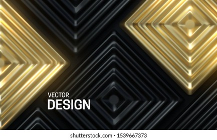 Black and golden ornate mosaic. Abstract background. Vector 3d illustration. Geometric square shapes. Polygonal template. Tiled backdrop. Cover design. Vintage decoration elements for interior design