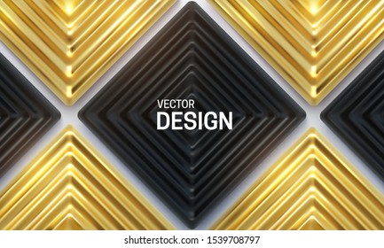 Black and golden ornate mosaic. Abstract background. Vector 3d illustration. Geometric square shapes. Polygonal template. Tiled backdrop. Cover design. Vintage decoration elements for interior design