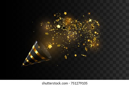 Black And Golden Party Popper With Exploding Confetti Particles, Glitters, Stars. Vector Holiday Illustration. Glossy Striped Paper Cone. Festive Decorative Element. Fairy Or Magic Decoration.