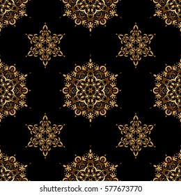 Black and golden pattern. Oriental vector classic pattern. Seamless abstract pattern with golden repeating elements on black backdrop.