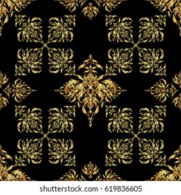 Black and golden pattern. Oriental vector classic pattern. Seamless abstract pattern with golden repeating elements on black backdrop.