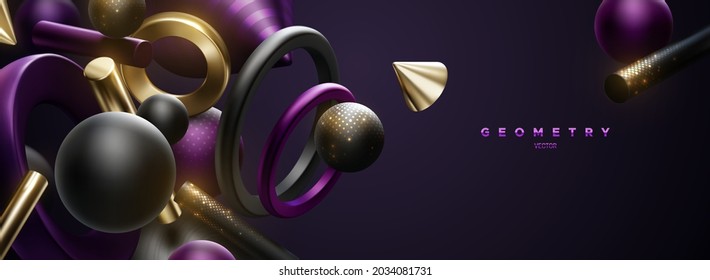 Black, golden and purple geometric shapes. Abstract elegant background. Vector 3d illustration. Flowing geometry primitives with golden shimmering glitters. Luxury banner or sign design