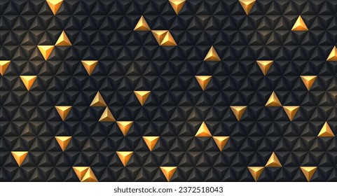 Black and golden pyramid 3D pattern background in luxury design. Abstract geometric triangle texture luxury design. Design for presentation, banner, cover, web, flyer, card, poster, wallpaper, slide.