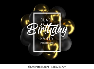 Black And Golden Realistic Spheres Background Close Up. Backdrop of metall balls with depth of field. Golden and black bubbles. Jewelry cover concept. Vertical banner. Decoration element for design
