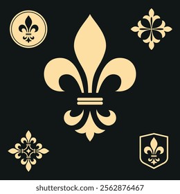 Black and golden royal lily . Heraldic sign, logo, design element, decoration. Graphic vector pattern