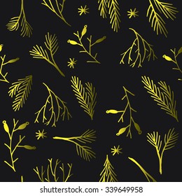 Black and golden seamless Christmas pattern. Tile vector background. Botanical winter wallpaper. Wrapping paper texture. Repeating gold floral winter holiday backdrop with pine tree berries and twigs