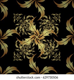 Black and golden seamless pattern. Geometric repeating vector ornament with golden elements. Seamless abstract modern pattern on a black backdrop.
