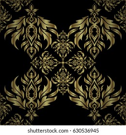 Black and golden seamless pattern. Geometric repeating vector ornament with golden elements. Seamless abstract modern pattern on a black backdrop.