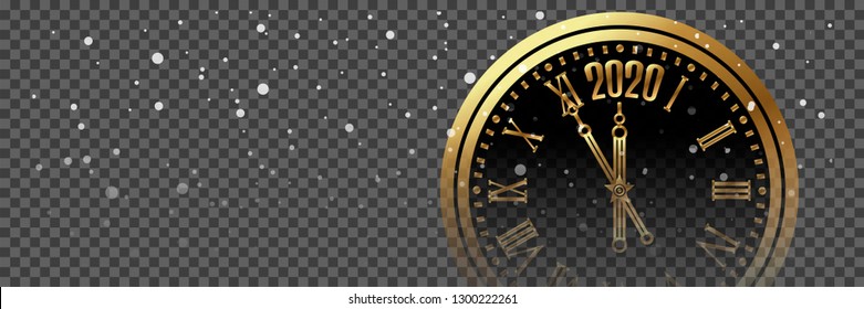 Banner web negro y dorado brillante de Año Nuevo 2020. Tarjeta con nieve, reflexión y reloj borroso todo el día los chimes del Kremlin Spasskaya Tower fondo oscuro. Ilustración vectorial aislada para el sitio web