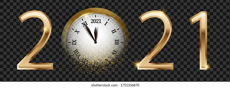 Black and golden shiny 2021 New Year web banner. Card with snow, reflection and blurred round clock the chimes Kremlin Spasskaya Tower dark background. Isolated vector illustration for website