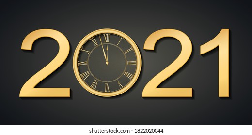 Black and golden shiny 2021 New Year web banner. Card with snow, reflection and round clock the chimes Kremlin Spasskaya background. Isolated vector illustration.