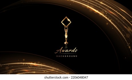 Black Golden Side Corner Wave Flowing Lines Award Background. Trophy on Luxury Background. Modern Abstract Design Template. LED Visual Motion Graphics. Wedding Invitation Poster. Certificate Design.