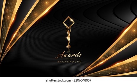 Black Golden Side Corner Wave Flowing Lines Award Background. Trophy on Luxury Background. Modern Abstract Design Template. LED Visual Motion Graphics. Wedding Invitation Poster. Certificate Design. svg
