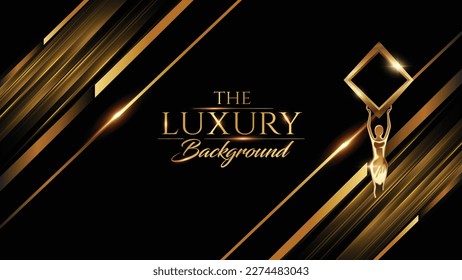 Black Golden Side Slant Speed Lines Award Background. Trophy on Luxury Background. Modern Shimmer Abstract Design Template. LED Visual Motion Graphics. Wedding Invitation Poster. 