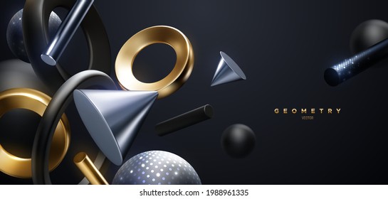Black, golden and silver geometric shapes backdrop. Abstract luxury background. Vector 3d illustration. Flowing geometry primitives with shimmering glitters. Modern cover template