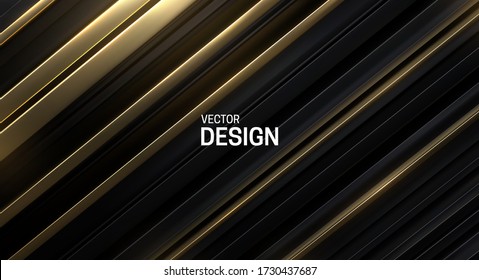 Black and golden sliced surface. Abstract geometric background. Vector illustration. Random layers pattern. Striped texture. Futuristic elegant decoration. Luxury banner or cover design