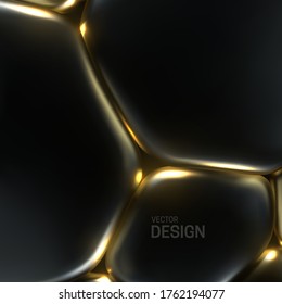 Black and golden soft bubbles. Abstract background. Vector 3d illustration. Cell membrane tension effect. Microbiology concept. Modern trendy banner or poster design