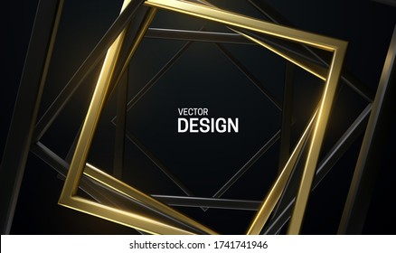 Black and golden square frames. Abstract background. Vector 3d illustration. Random rotated rectangles. Geometric banner. Luxury element for poster or cover design.