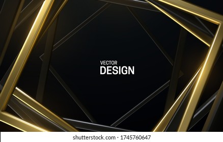 Black and golden square frames. Abstract background. Vector 3d illustration. Random rotated rectangles. Geometric banner. Luxury element for poster or cover design.