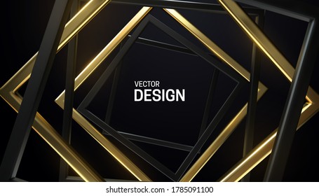 Black and golden square frames. Abstract background. Vector 3d illustration. Random rotated rectangles. Geometric banner. Luxury element for poster or cover design.