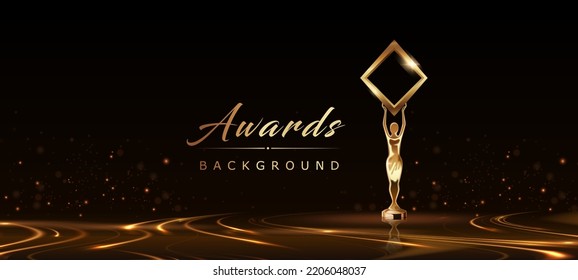Black Golden Stage Platform Flowing Glow Award Background. Trophy on Luxury Background. Modern Abstract Design Template. LED Visual Motion Graphics. Wedding Invitation Poster. Certificate Design.