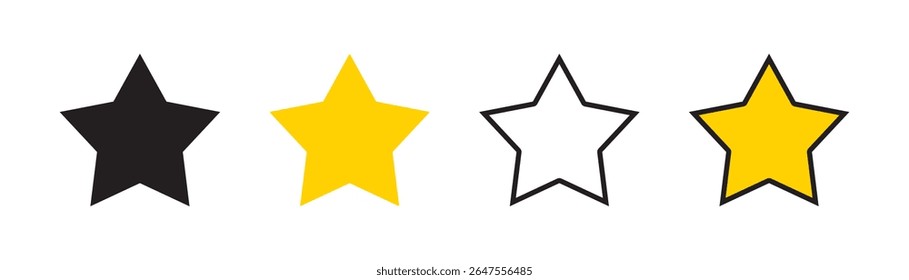 Black and golden star vector icon set – flat and outline-style stars isolated on white background for rating, awards, favorites, and decorative UI design.