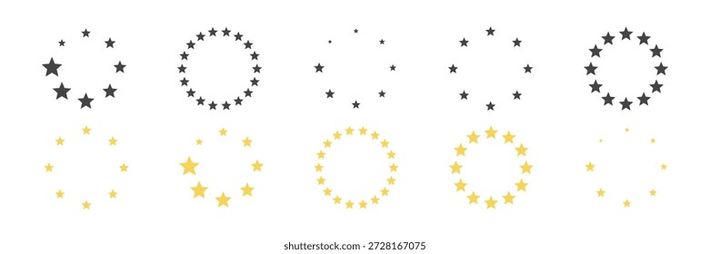 Quadros de estrelas pretas e douradas. Bordas decorativas com diferentes tamanhos de estrelas. Vetor