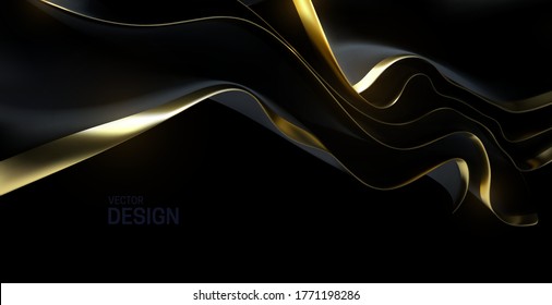 Black and golden streaming fabric. Abstract background. Vector 3d illustration. Wavy layered textile. Flowing silky cloth. Opening ceremony or anniversary decoration element.